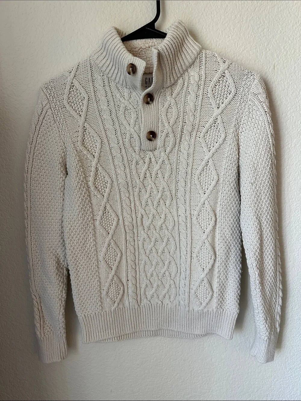 GAP Cream Cable-Knit Mock Neck Sweater with Button Placket